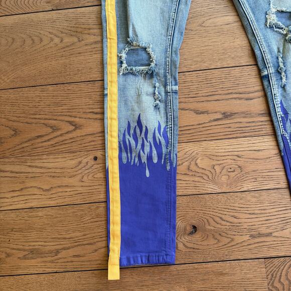 Cooper 9 Men SZ 36 Skinny Distressed Flames Purple Yellow Rocker Streetwear - Picture 3 of 11
